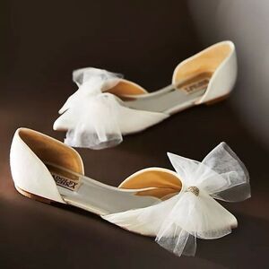 Badgley Mischka Fergie Bridal Ballet Flats Ivory Tulle Bow Pointed Toe D’Orsay S